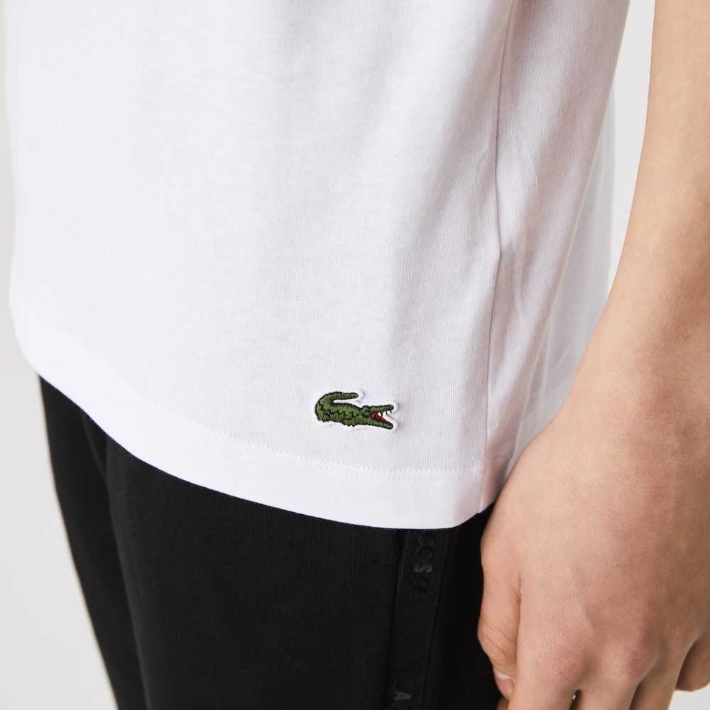 Lacoste Signature And Crocodile Print Crew Neck Bomull Hvite | 5682-ETYMZ