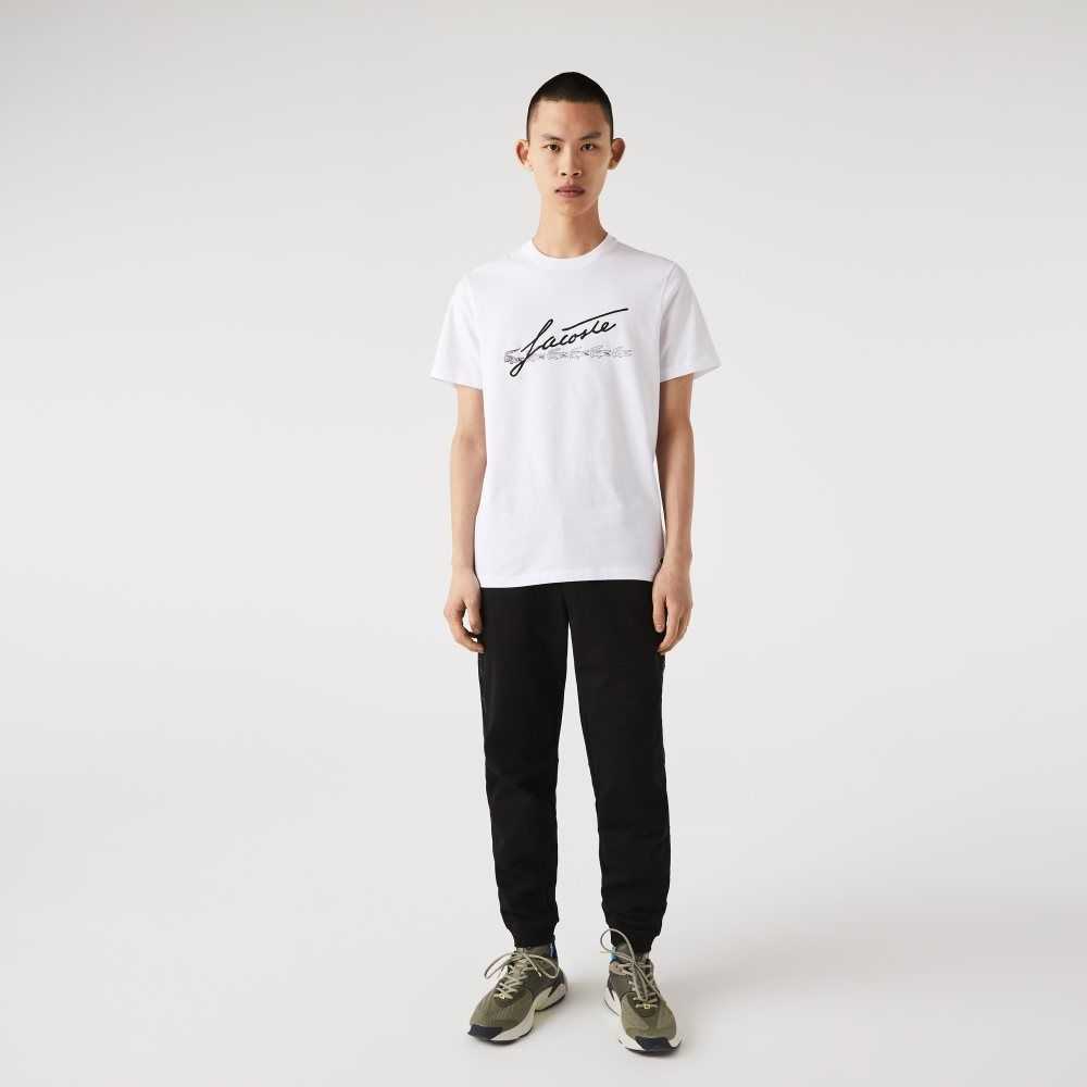 Lacoste Signature And Crocodile Print Crew Neck Bomull Hvite | 5682-ETYMZ