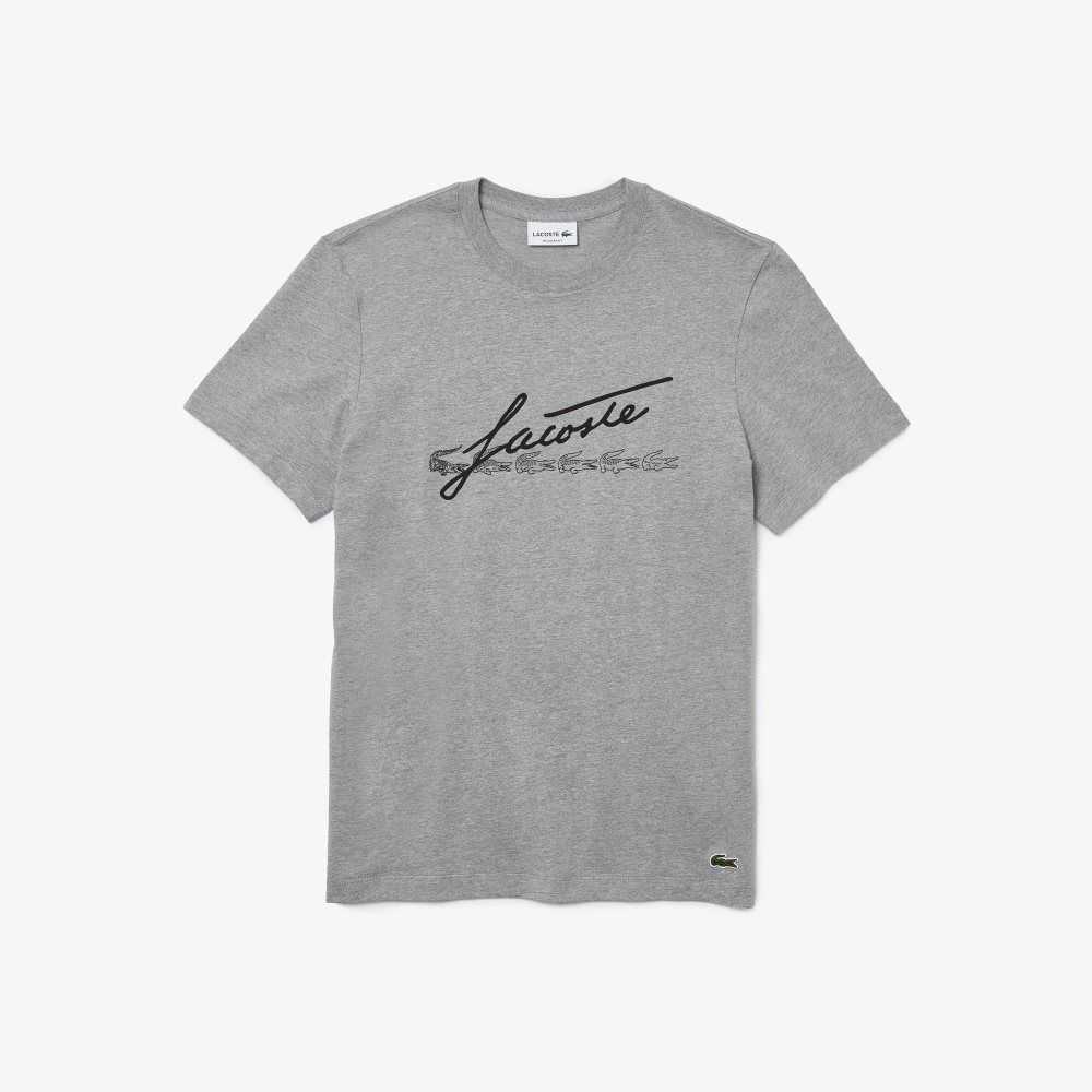 Lacoste Signature And Crocodile Print Crew Neck Bomull Grå | 8397-IMSBN