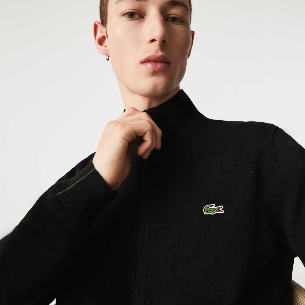 Lacoste Stand-Up Collar Organic Bomull Zippered Svarte | 6427-JHGBA