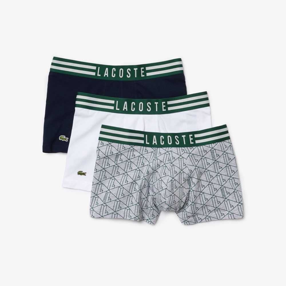 Lacoste Stripete Liv Stretch Bomull Trunk 3-Pack Grå Hvite Marineblå Blå | 4076-SNXWR