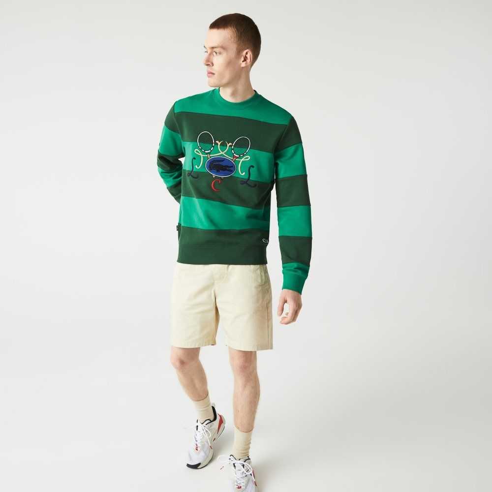 Lacoste Tennis Design Crew Neck Stripete Bomull Fleece Grønn | 3928-RVESQ