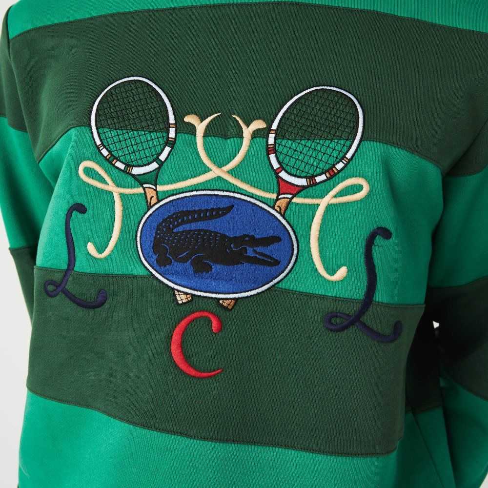 Lacoste Tennis Design Crew Neck Stripete Bomull Fleece Grønn | 3928-RVESQ