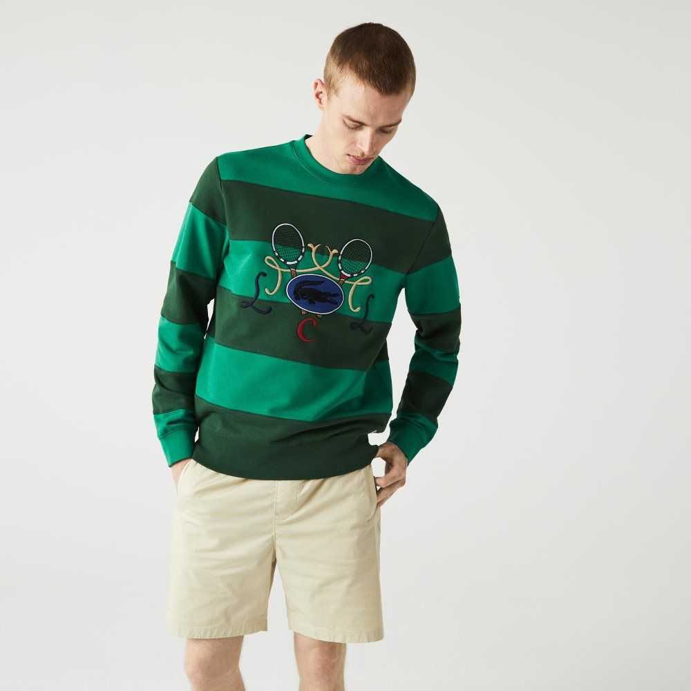 Lacoste Tennis Design Crew Neck Stripete Bomull Fleece Grønn | 3928-RVESQ