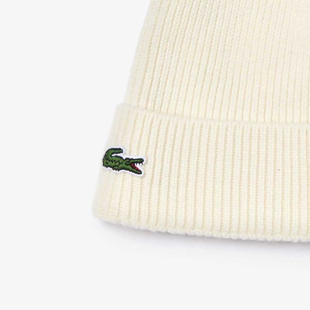 Lacoste Turned Edge Ribbet Ull Beanie Hvite | 4613-ZNPFR