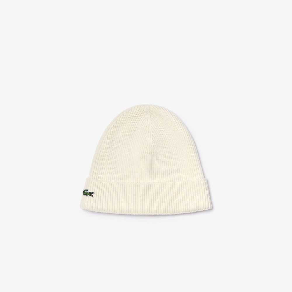 Lacoste Turned Edge Ribbet Ull Beanie Hvite | 4613-ZNPFR