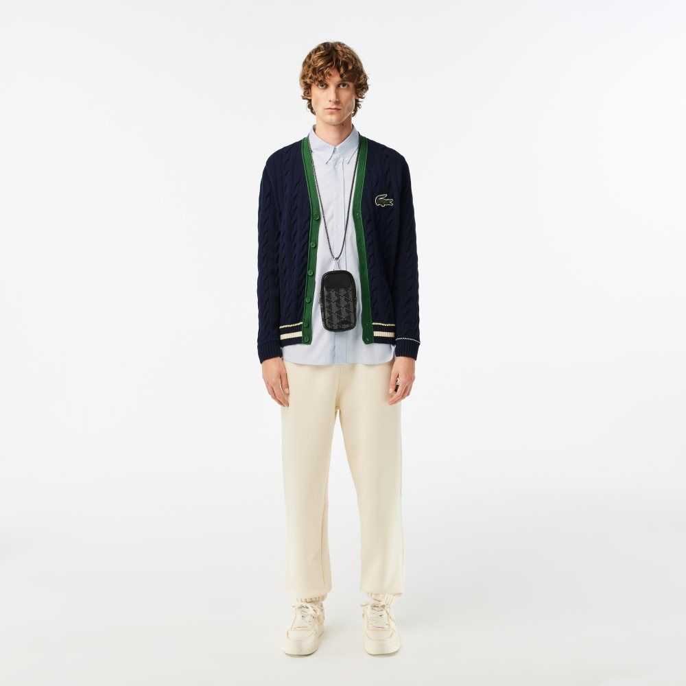 Lacoste V-Neck Cable Knit Organic Bomull Cardigan Marineblå Blå Hvite | 5418-AFMLC