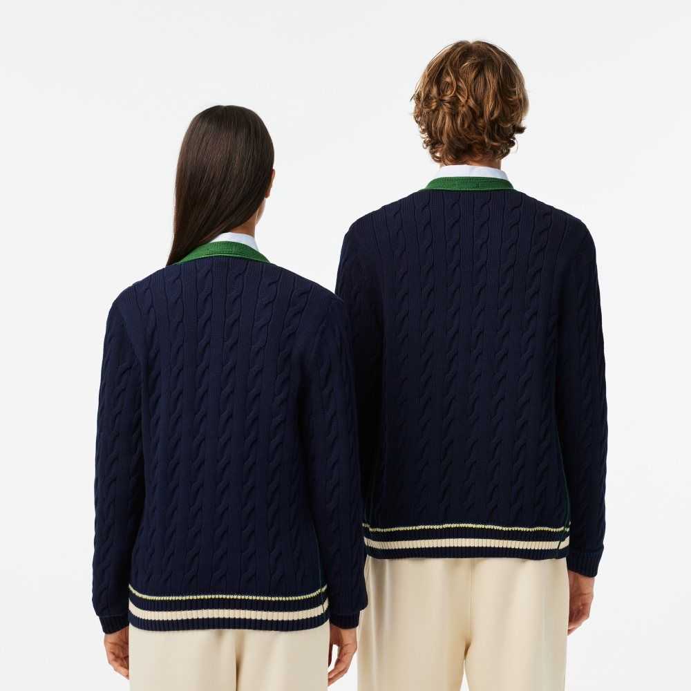 Lacoste V-Neck Cable Knit Organic Bomull Cardigan Marineblå Blå Hvite | 5418-AFMLC