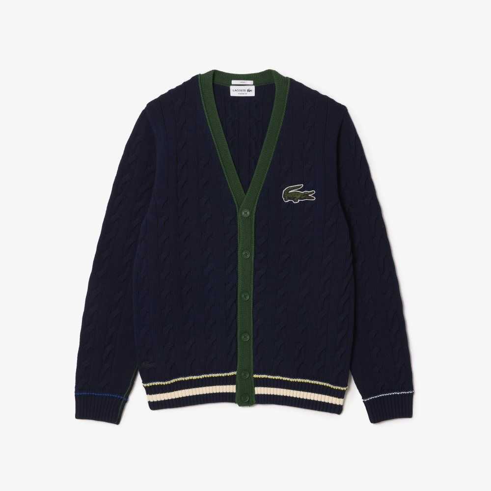 Lacoste V-Neck Cable Knit Organic Bomull Cardigan Marineblå Blå Hvite | 5418-AFMLC