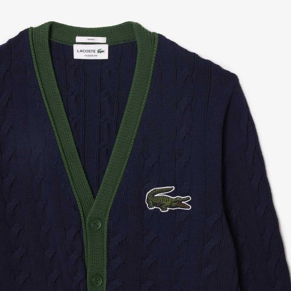 Lacoste V-Neck Cable Knit Organic Bomull Cardigan Marineblå Blå Hvite | 5418-AFMLC