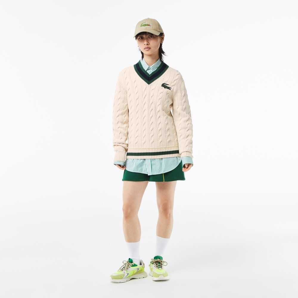 Lacoste V-Neck Cable Knit in Organic Bomull Hvite | 0871-FHPUI