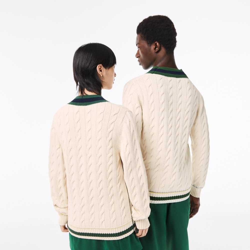 Lacoste V-Neck Cable Knit in Organic Bomull Hvite | 0871-FHPUI