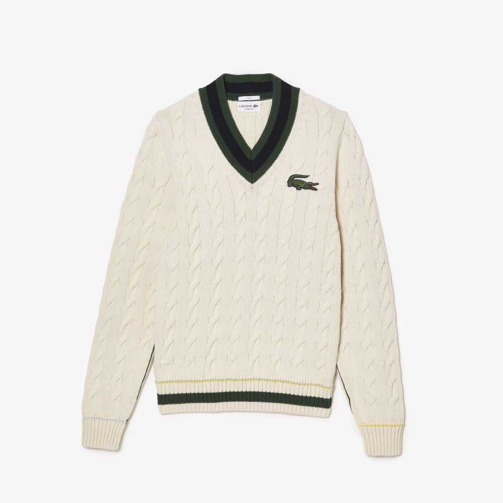 Lacoste V-Neck Cable Knit in Organic Bomull Hvite | 0941-OYQBT