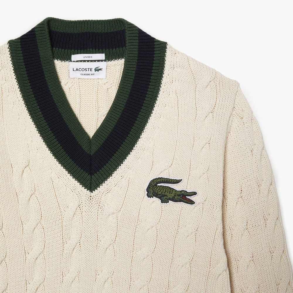 Lacoste V-Neck Cable Knit in Organic Bomull Hvite | 0941-OYQBT