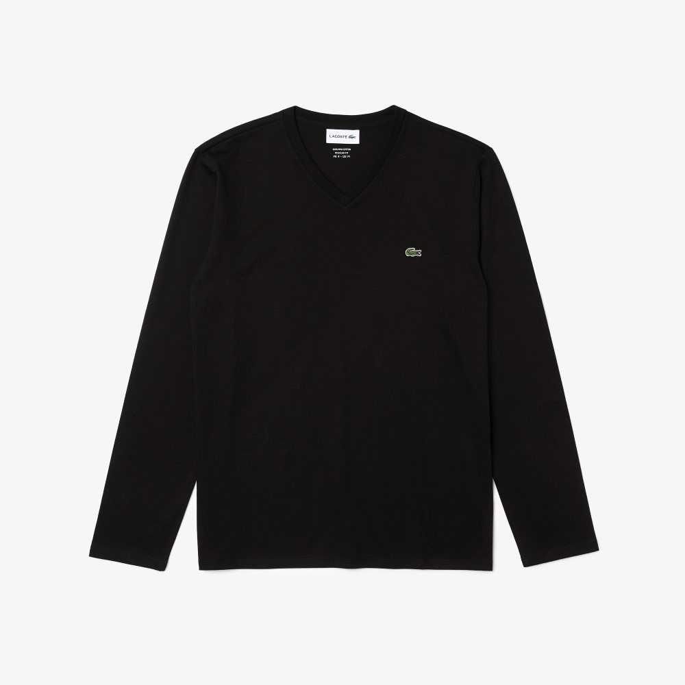 Lacoste V-Neck Lette Pima Bomull Jersey Svarte | 4738-BXJCE