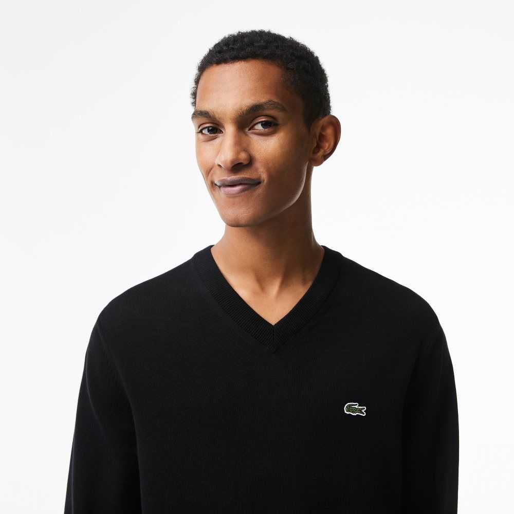 Lacoste V-Neck Organic Bomull Svarte | 2154-GNVSY