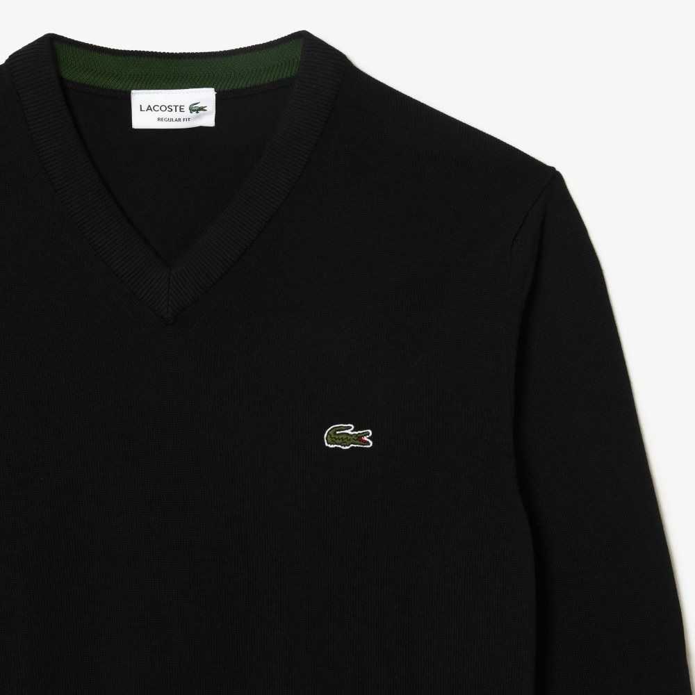 Lacoste V-Neck Organic Bomull Svarte | 2154-GNVSY