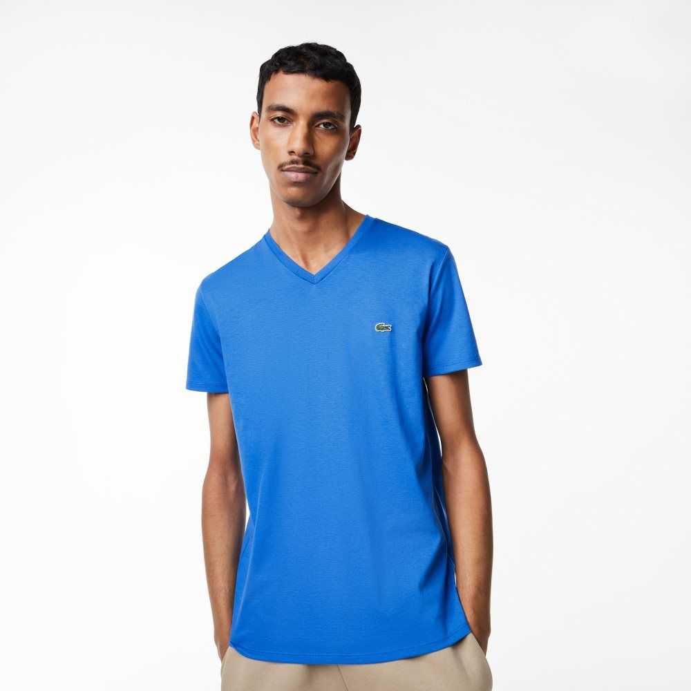 Lacoste V-Neck Pima Bomull Jersey Blå | 8197-LUHMB