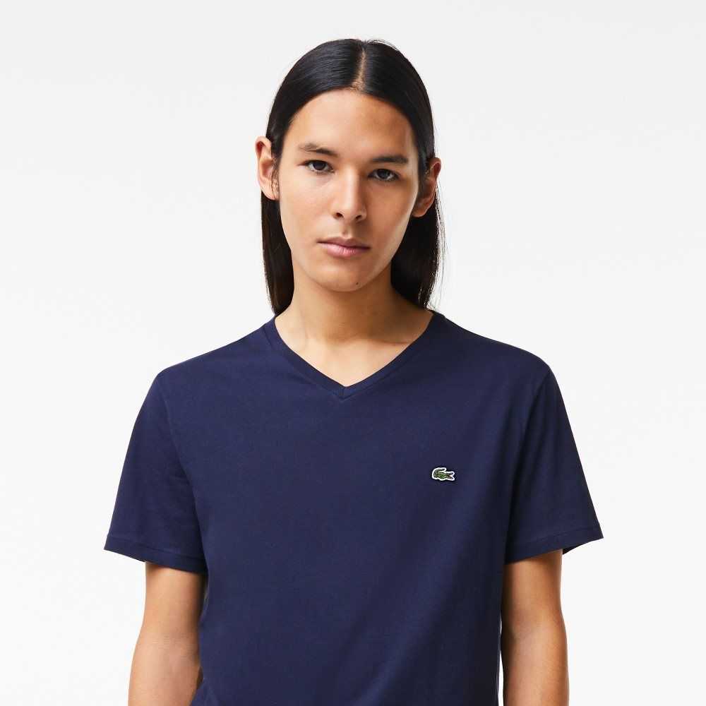 Lacoste V-Neck Pima Bomull Jersey Marineblå Blå | 7142-TXKEO