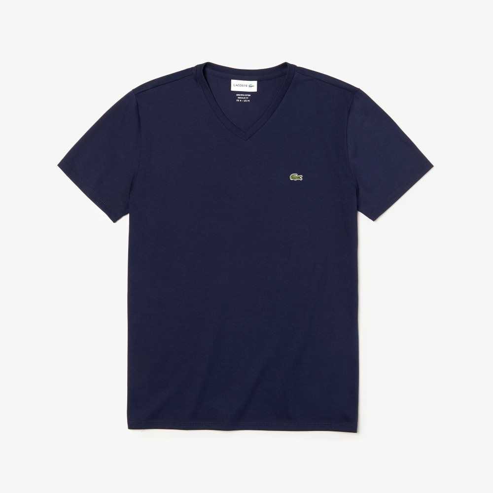 Lacoste V-Neck Pima Bomull Jersey Marineblå Blå | 7142-TXKEO