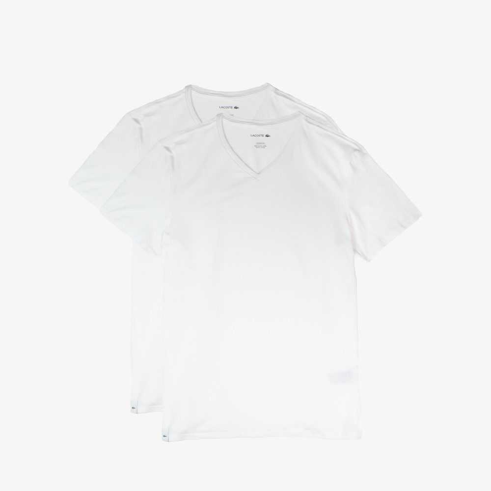 Lacoste V-neck Bomull Lounge T-shirt 2-Pack Hvite | 0375-YJPZD