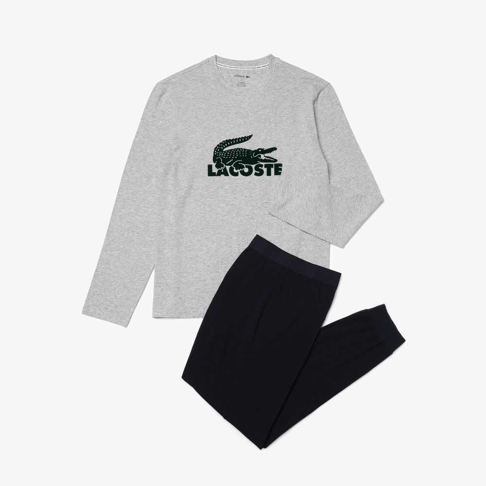 Lacoste Velvet Logo Long Pajama Set Marineblå Blå Grå Grønn | 0176-TGSYF