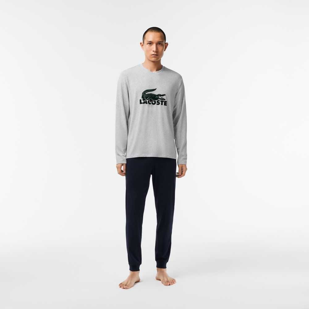 Lacoste Velvet Logo Long Pajama Set Marineblå Blå Grå Grønn | 0176-TGSYF